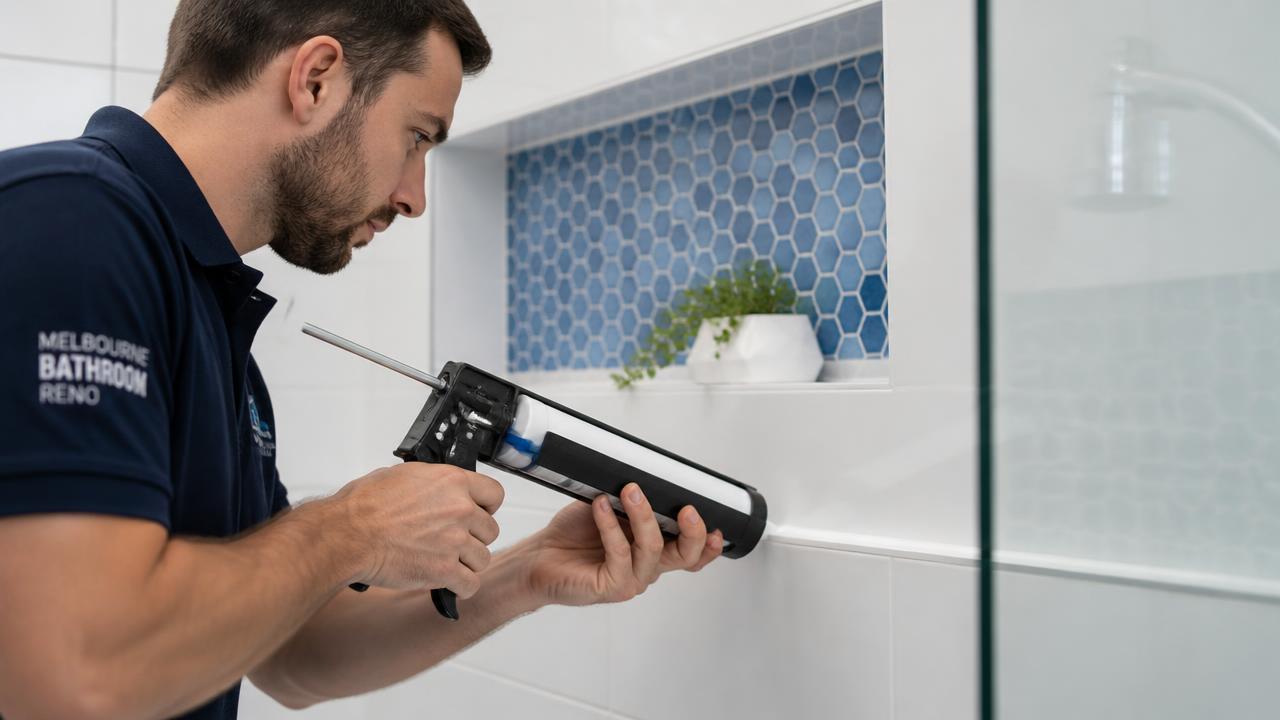 Tradesman applying waterproof sealant to a modern Melbourne bathroom
